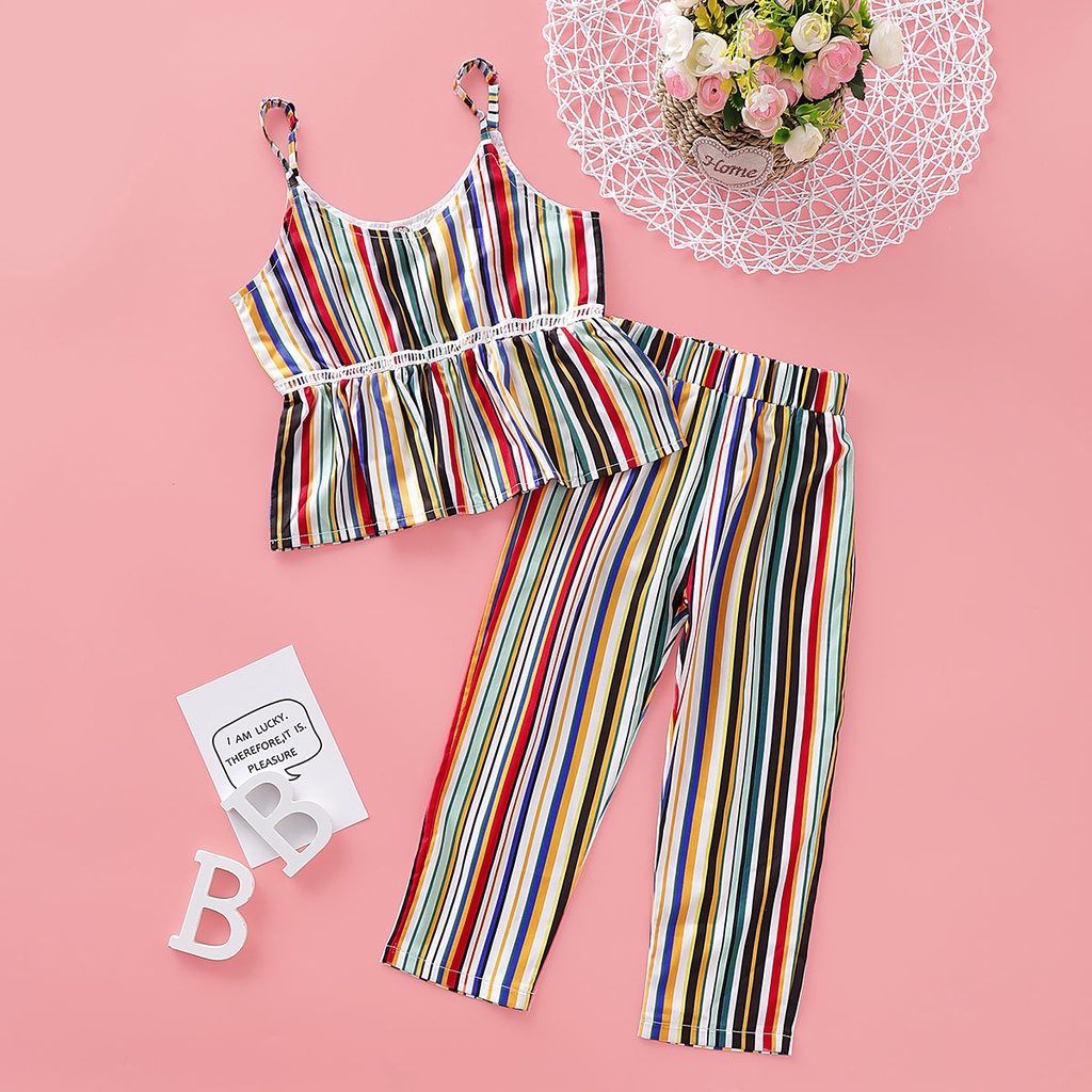 Set Đồ Mùa Hè 2 Món Gồm Áo Hai Dây Kẻ Sọc + Quần Dài Dễ Thương Cho Bé Gái 1-5 Tuổi