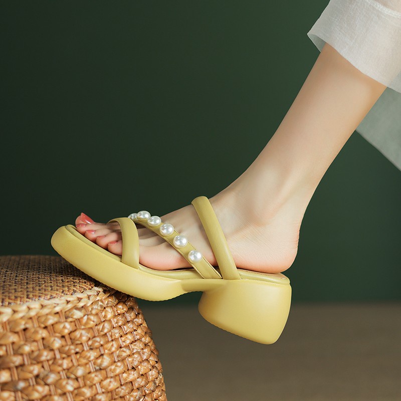 Duoya Tóc Thẳng ~ [Hàng Có Sẵn] Giày Sandal Đế Dày Hở Ngón Bằng Da Mềm Đính Hạt Thời Trang Nữ