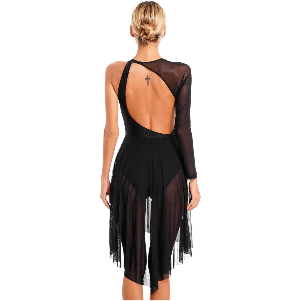 Nữ Hình Trượt Băng Trang Phục Lấp Lánh Kim Cương Giả Cutout Leotard Đầm Một Vai Sheer Lưới Dài Tay Lyrical Khiêu Vũ Đầm
