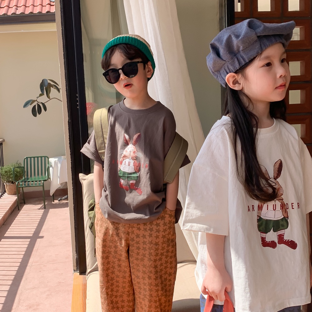 Áo Thun Ngắn Tay Thoáng Khí In Hình Thỏ Hoạt Hình Phong Cách Hàn Quốc Cho Bé