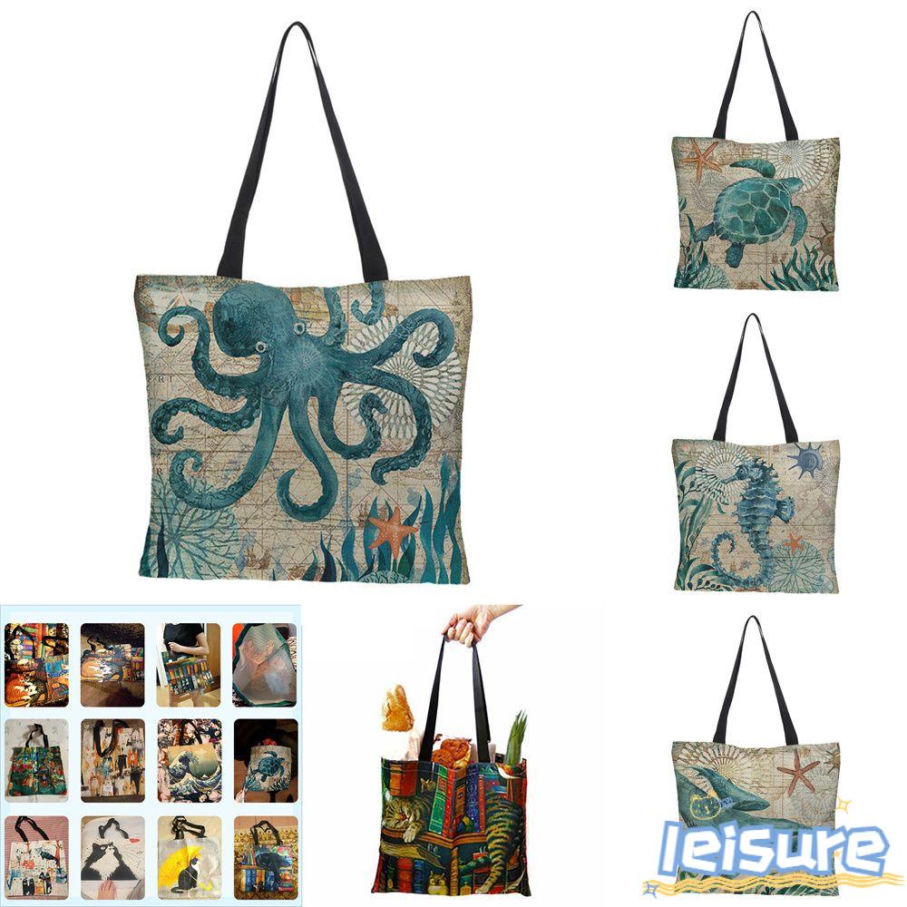 Túi Tote Đeo Vai Vải Lanh Thân Thiện Với Môi Trường In Hình Bạch Tuộc Có