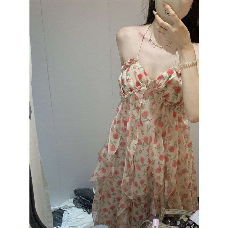 Đầm Dài Xẻ Tà Hở Lưng In Họa Tiết Hoa Thời Trang Mùa Hè Xinh Xắn Cho Nữ