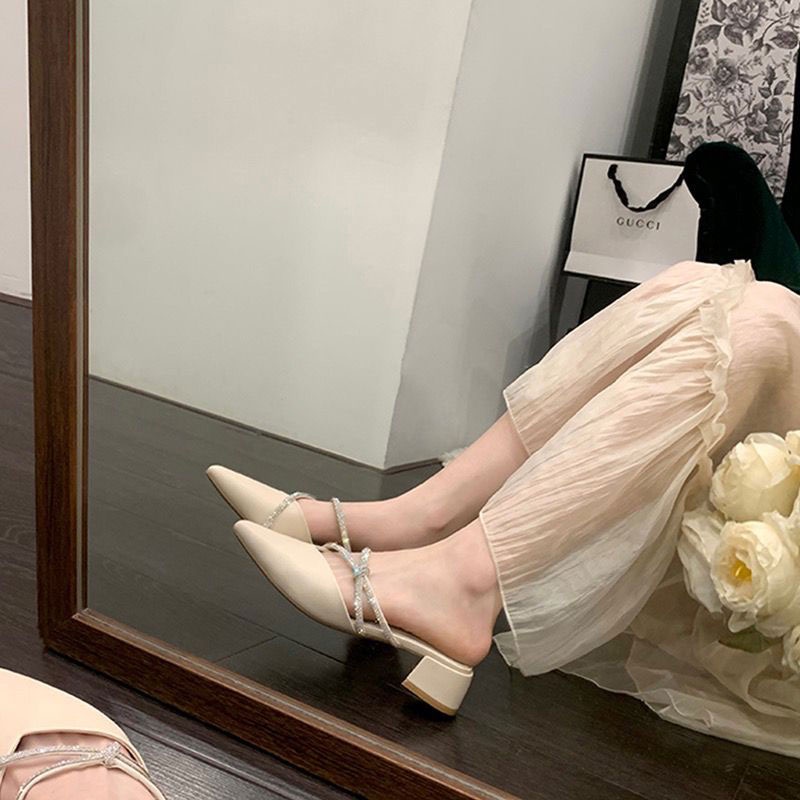 Xăng đan Mũi Nhọn Gót Dày Đính Đá Phong Cách Pháp Mới