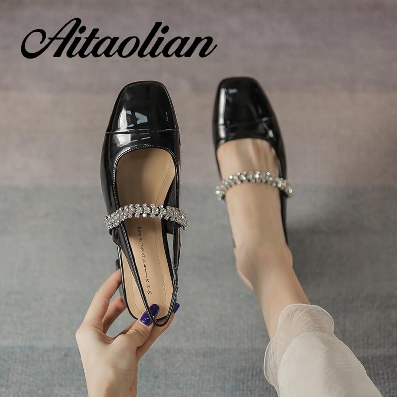 Xăng đan Cao Gót 5cm Bằng Da Bóng Mũi Tròn Đế Mềm Màu Trơn Cho Nữ mary jane