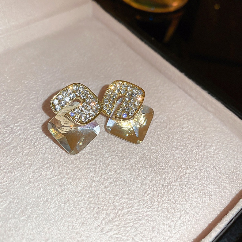 Bông Tai Mạ Bạc 925 Hình Học Đính Kim Sa Lấp Lánh Phong Cách Hàn Quốc Dễ Phối Đồ