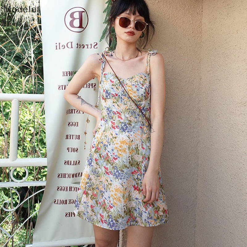 Mfc Đầm Hai Dây Ngắn In Họa Tiết Hoa Cỏ Phong Cách Pháp Cổ Điển Quyến Rũ Dành Cho Nữ WTD