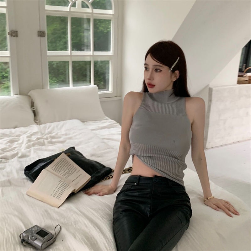 COZOK Áo Dệt Kim Sát Nách Cổ Cao Phong Cách vintage