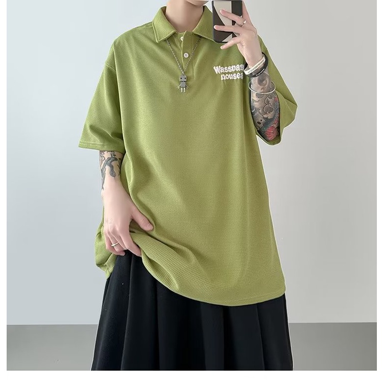 Áo Thun Polo Ngắn Tay Dáng Rộng Thêu Họa Tiết Đơn Giản Phong Cách Đường Phố Mỹ Thời Trang Mùa Hè Cho Nam