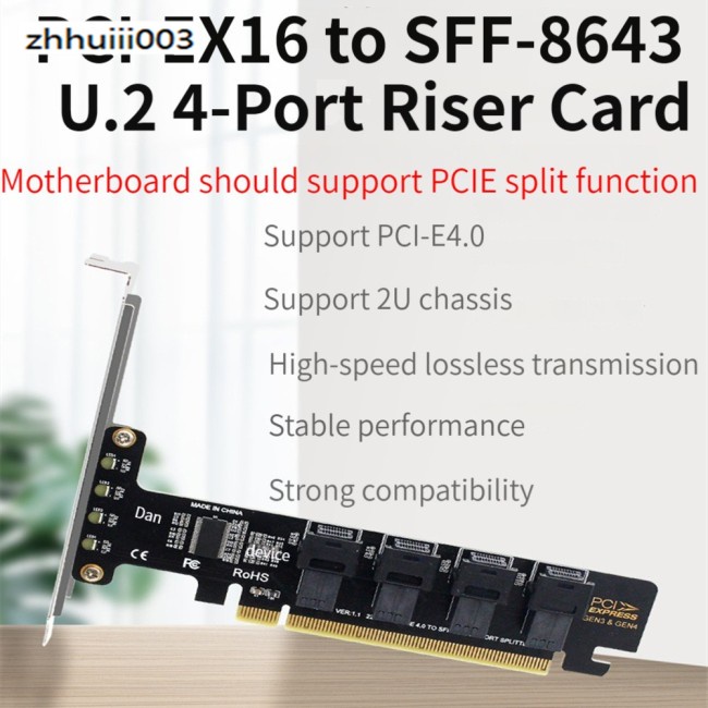 Thẻ Mở Rộng Pcie X16 Sang 4 Cổng U.2 Nvme Sff-8643 Sff-8639 Pci-e 4.0 T3eb Có Đèn Led