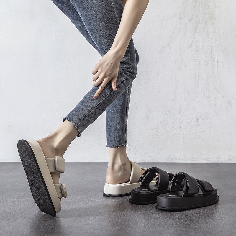 Duoya Dép Da Mềm Quai Dán Dày Dặn Có Thể Điều Chỉnh Thời Trang Mùa Hè Cho Nữ
