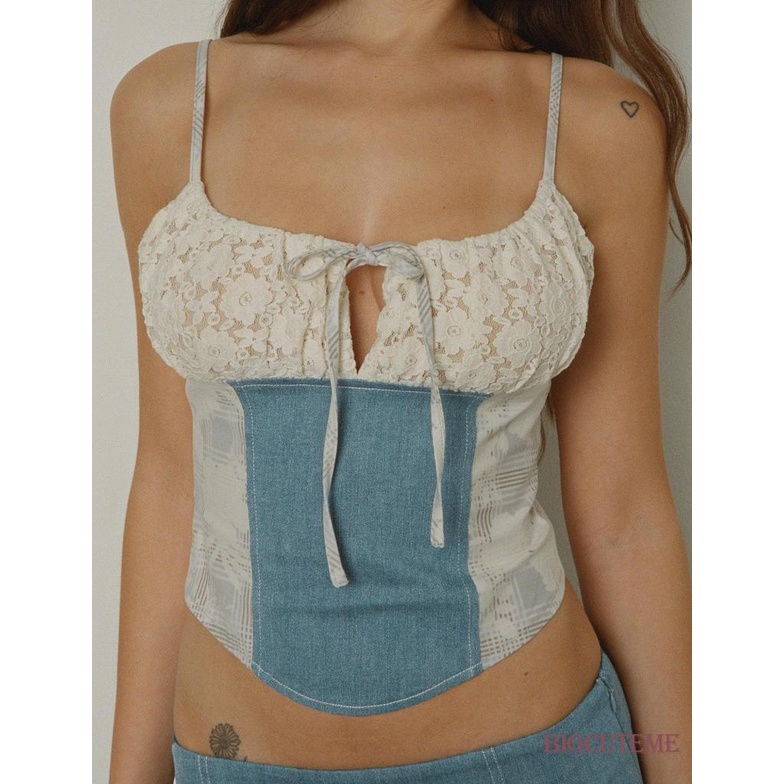 Áo Denim Hai Dây Phối Ren Phong Cách Đường Phố Thời Trang Mùa Hè Cho Nữ