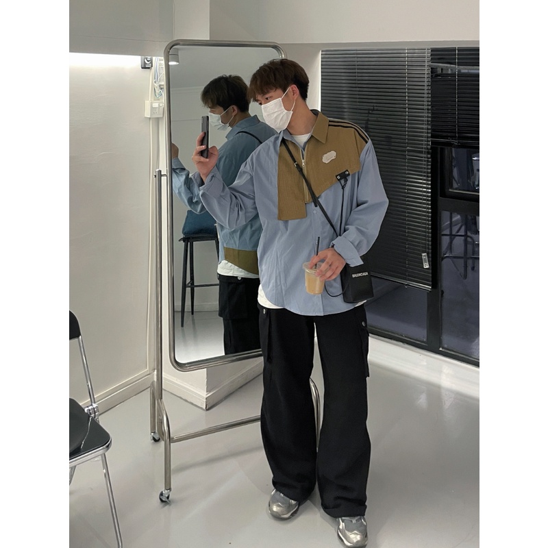 Áo Sơ Mi Thiết Kế Chắp Vá Waffle Phong Cách Mới Mùa Thu Cho Nam Và Nữ