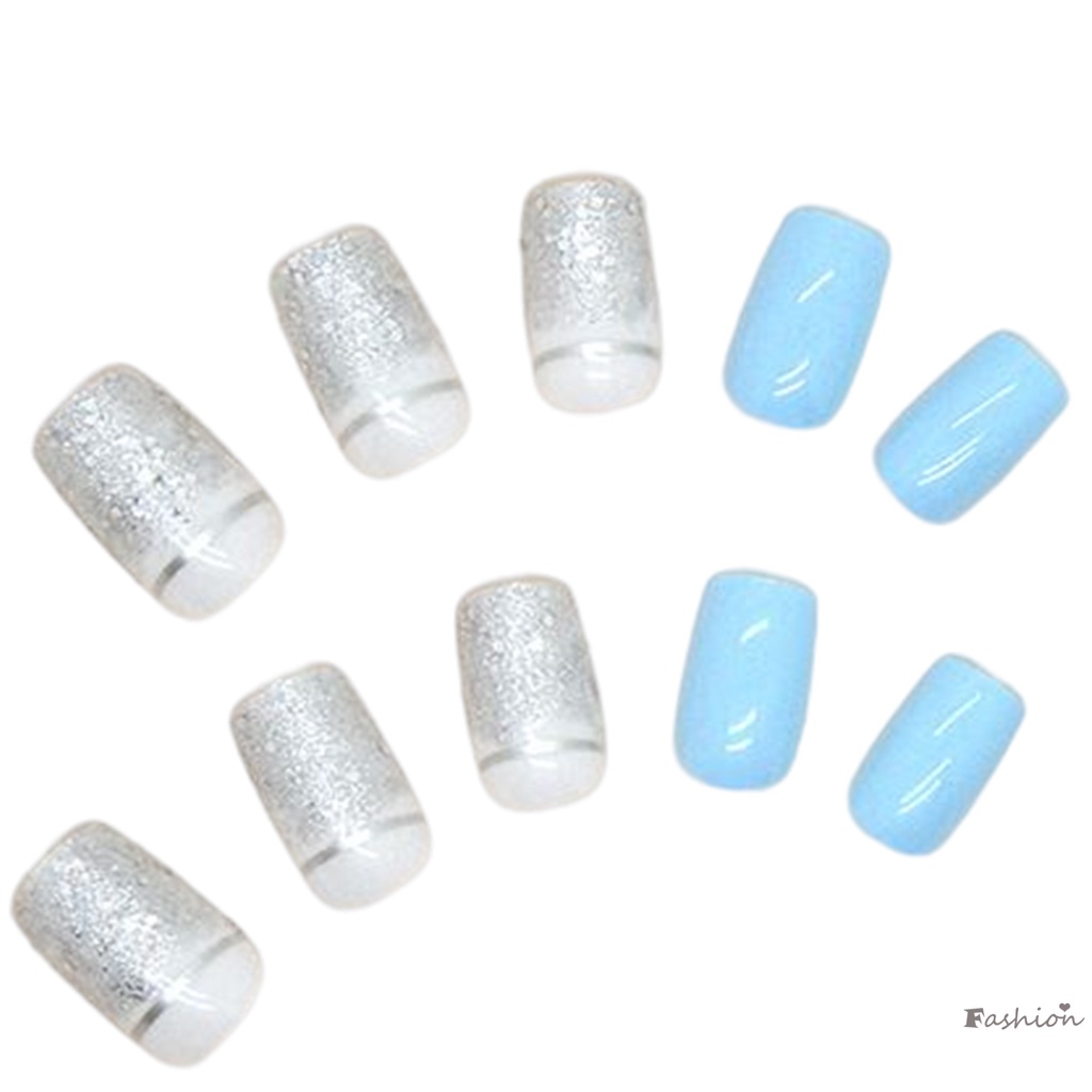 Móng Tay Giả Hình Vuông Đính Kim Sa Lấp Lánh Màu Xanh Da Trời