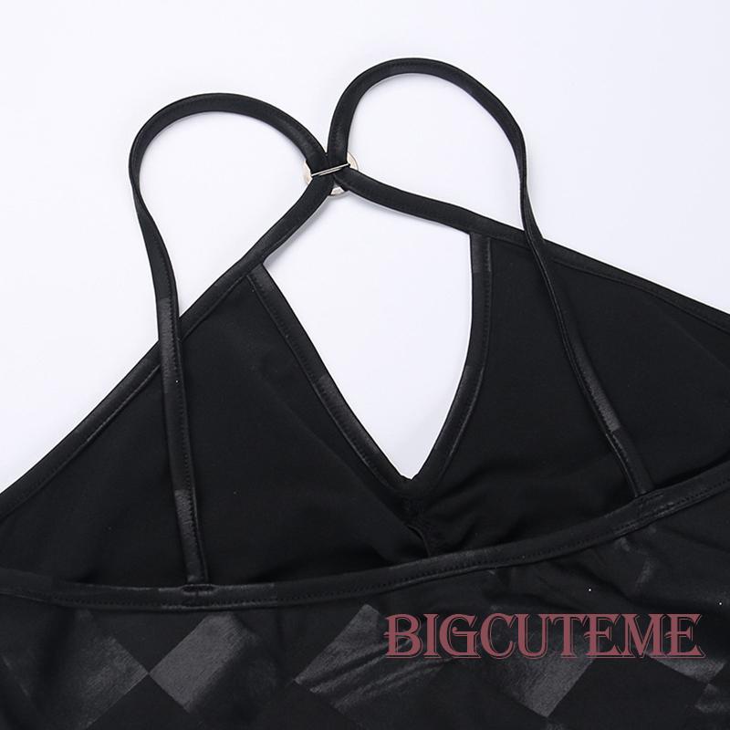 [] Áo Tank Top Màu Đen Kẻ Sọc Vuông Cổ Chéo Có Khóa Gài Thời Trang Cho Nữ