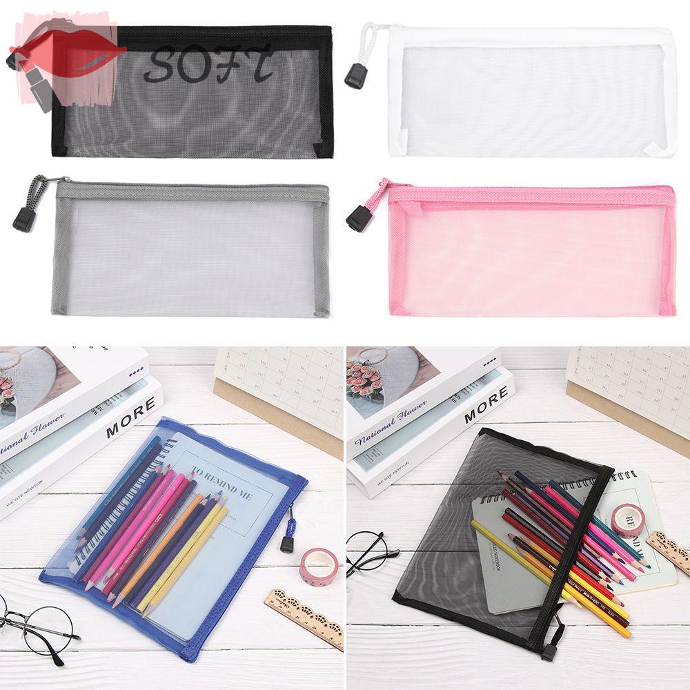 1 Túi Đựng Bút / Mỹ Phẩm SOFTNESS Bằng Nylon Màu Trơn Có Khóa Kéo Tiện Dụng