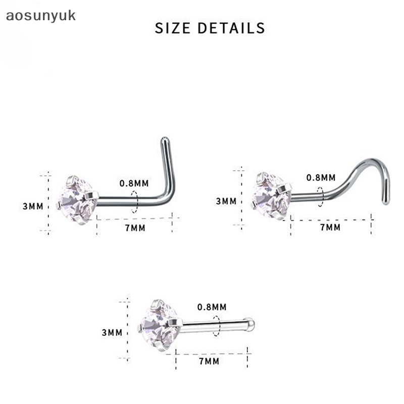 Aosunyuk Set 3 Khuyên Mũi Inox Đính Đá Zircon Hình Ngôi Sao / Trái Tim Thời Trang Cho Nữ