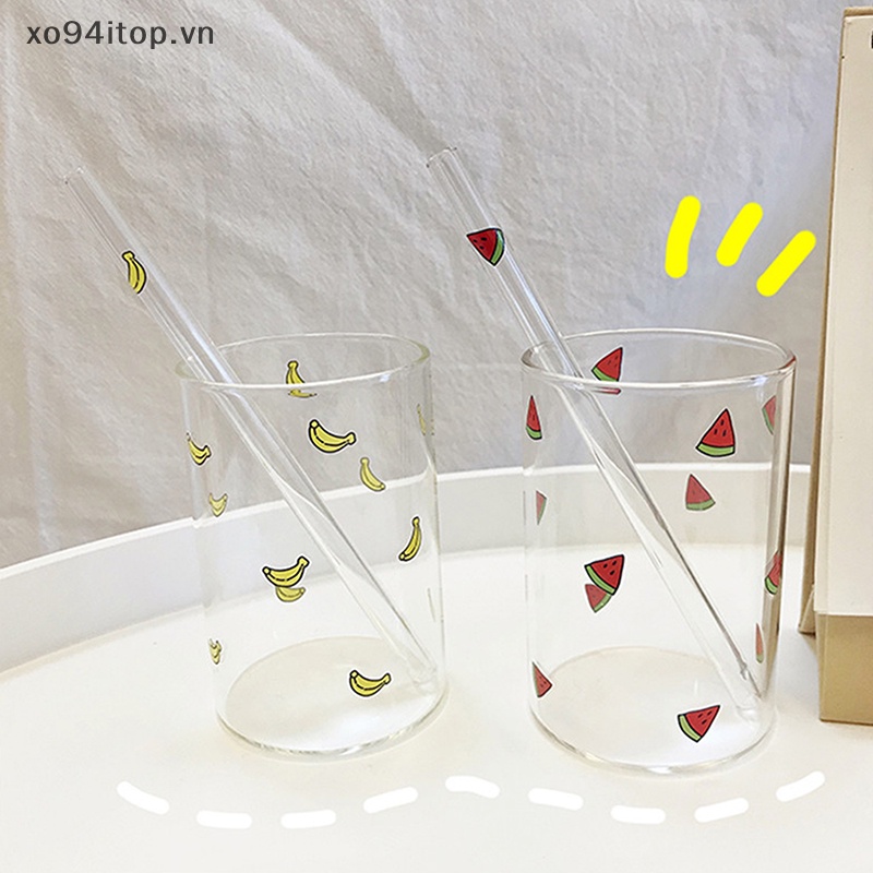 Bình Nước Thủy Tinh Borosilicate In Họa Tiết Dâu Tây Dễ Thương Kèm Ống Hút