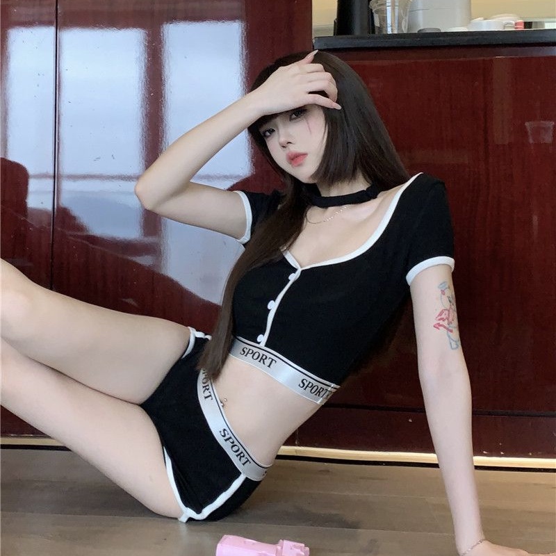 COZOK Bộ Áo Thun Ngắn Tay + Quần Short Kiểu Vintage Cá Tính