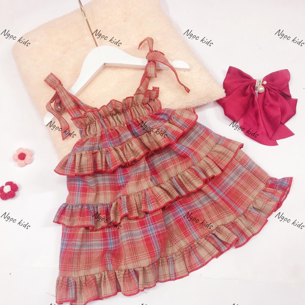 Váy hai dây màu sọc caro xinh cho bé gái 6-24kg