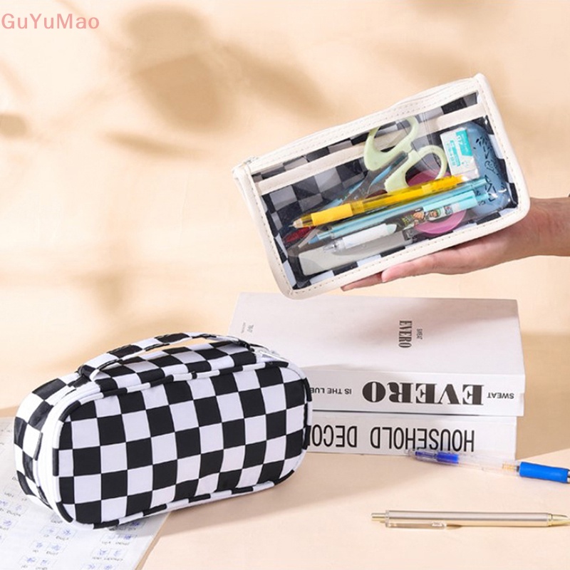 Túi Đựng Bút Họa Tiết Kẻ Ô Màu Trong Suốt Chống Thấm Nước