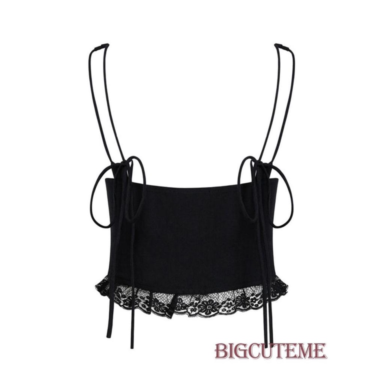[] - Áo Crop Top Không Tay Ôm Dáng Màu Trơn Cột Dây Phía Trước Phối Ren Gợi Cảm Cho Nữ