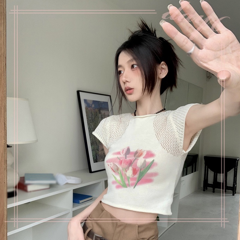 Áo Thun Dệt Kim Cổ Tròn Khoét Lỗ Đơn Giản Ngọt Ngào Cho Nữ