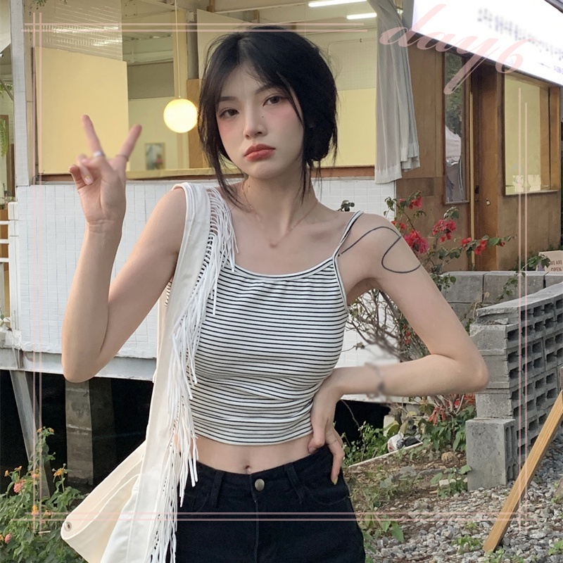 Áo Croptop Dệt Kim Sát Nách Hở Lưng Họa Tiết Kẻ Sọc Thời Trang Mùa Hè Phong Cách Hàn Quốc Cho Nữ