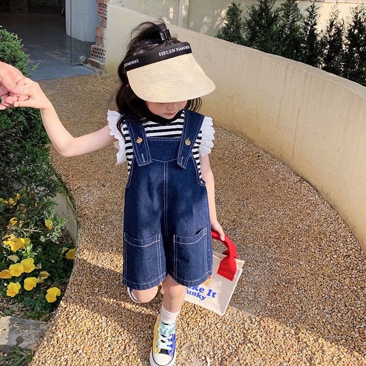 Set Áo Thun Sọc Ngang + Quần Yếm Denim Cho Bé Gái 1-8 Tuổi