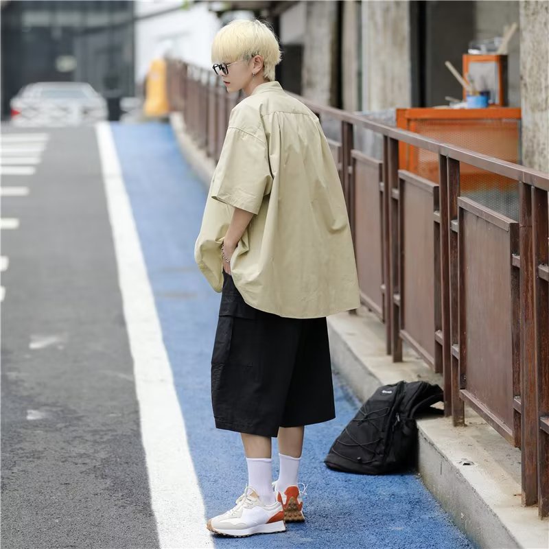 Áo Sơ Mi Ngắn Tay Dáng Rộng Màu Trơn Thời Trang Mùa Hè Hàn Quốc Giản Dị Dành Cho Nam