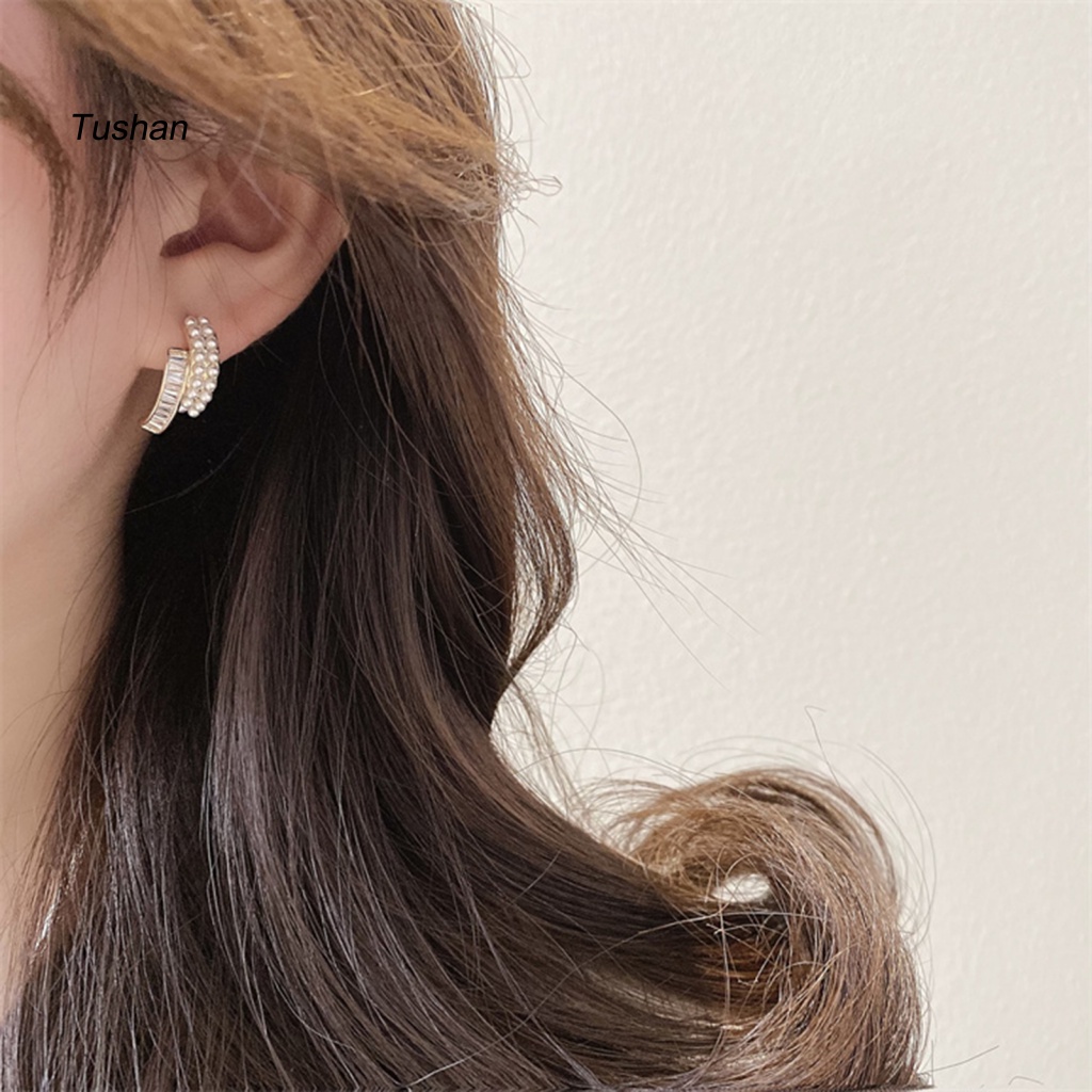 1 Đôi Bông Tai Ngọc Trai Giả Hai Lớp Đính Đá Thời Trang