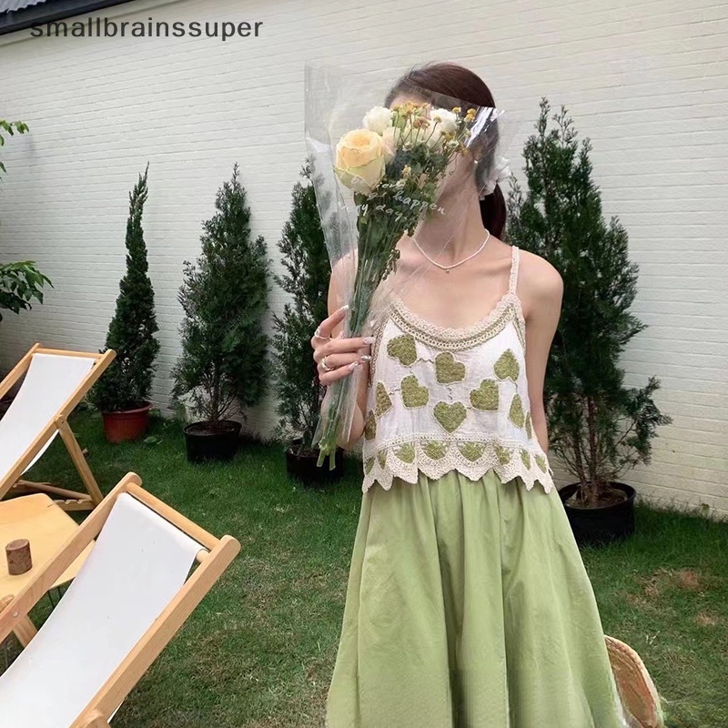 Áo Hai Dây Mùa Hè Dáng Rộng Thêu Hình Trái Tim Cổ Điển Cho Nữ