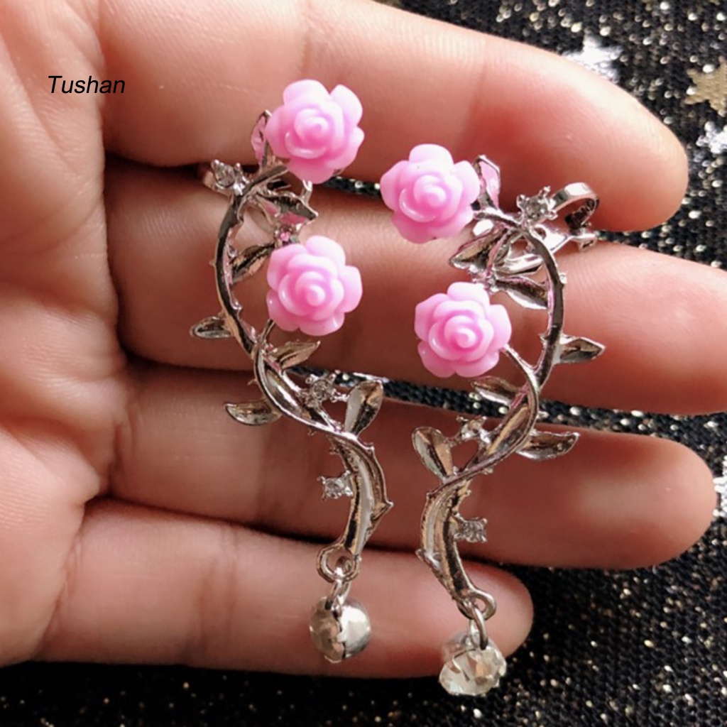 1 Cặp Khuyên Kẹp Vành Tai Hình Hoa Hồng Đính Đá Lấp Lánh