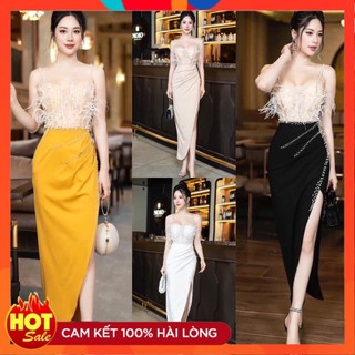 [ĐƯỢC KIỂM TRA HÀNG] Đầm dạ hội hai dây đính lông kết đá cao cấp-TK - Yêu Shop 85