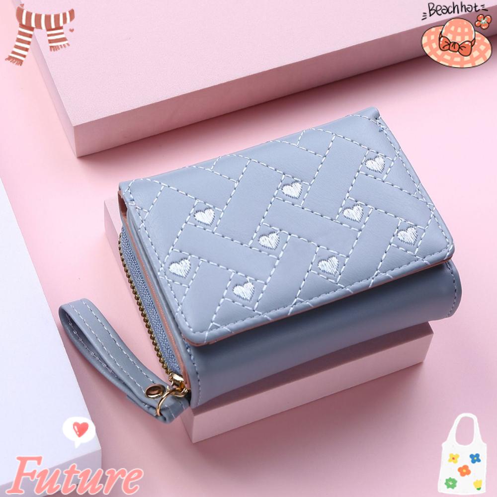 Ví Đựng Tiền Xu Ba Ngăn Có Khóa Kéo Thêu Họa Tiết Trái Tim Nhỏ Xinh Giá Đỡ