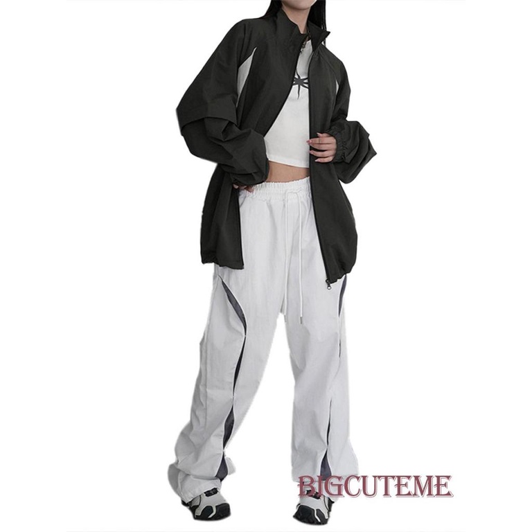 Quần Dài Dáng Suông Lưng Thun Rút Dây Màu Sắc Tương Phản Thời Trang Đường Phố Cho Nữ