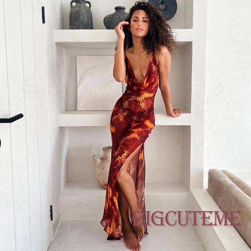 Đầm Dài Sát Nách Hở Lưng Họa Tiết Da Báo Thời Trang Đi Biển Mùa Hè Cho Nữ