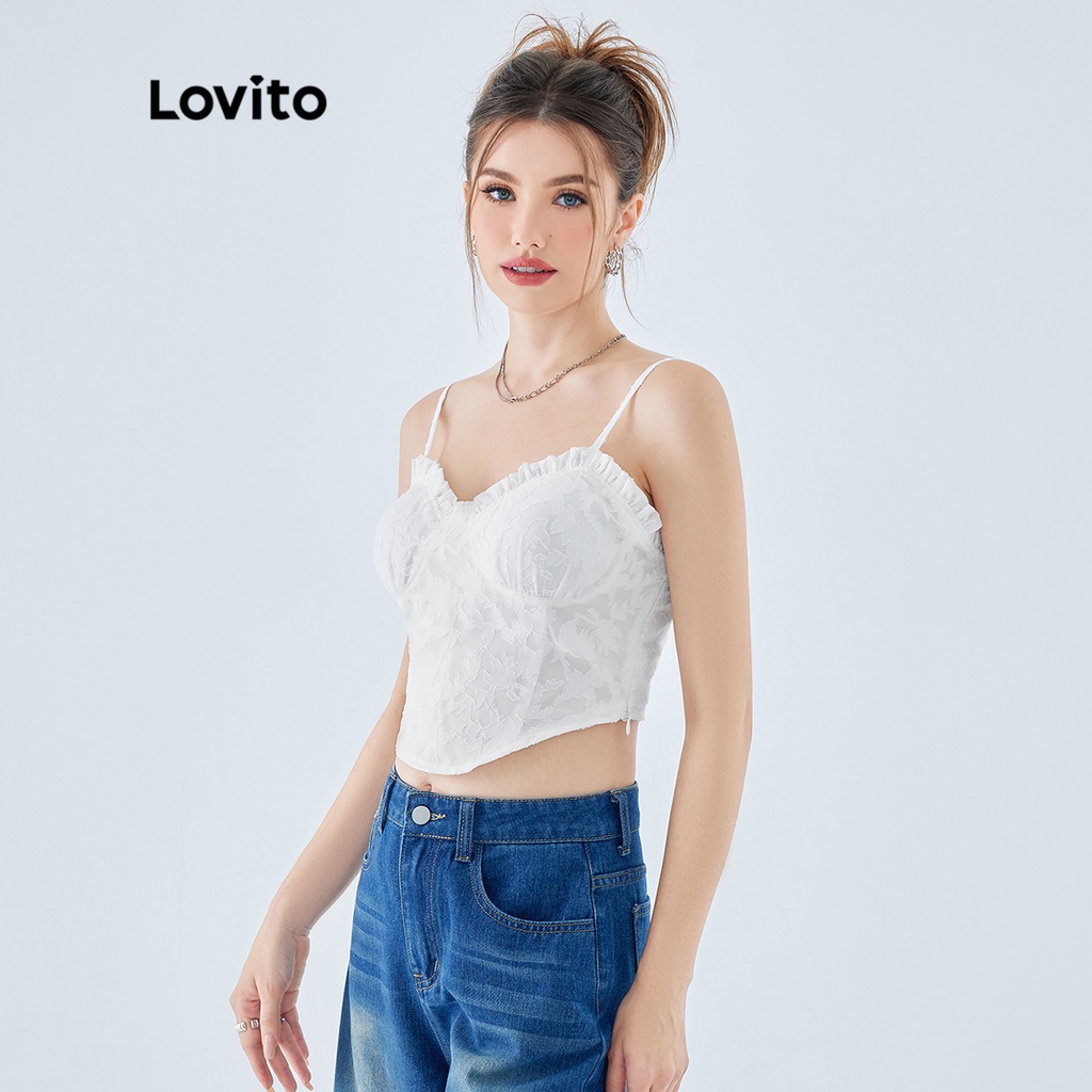 Áo crop top Lovito không tay xếp nếp màu trơn thường ngày dành cho nữ L49ED006 (màu trắng)