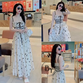 Đầm váy maxi xốp 2 dây trắng chấm hoa dịu dàng nàng thơ dạo phố by7174