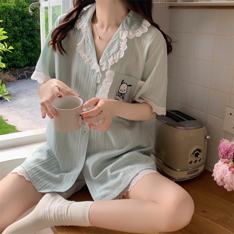 Bộ Đồ Ngủ Chất Liệu Cotton Phối Ren Thêu Họa Tiết Hoạt Hình Phong Cách Hàn Quốc Thời Trang Mùa Hè Cho Nữ