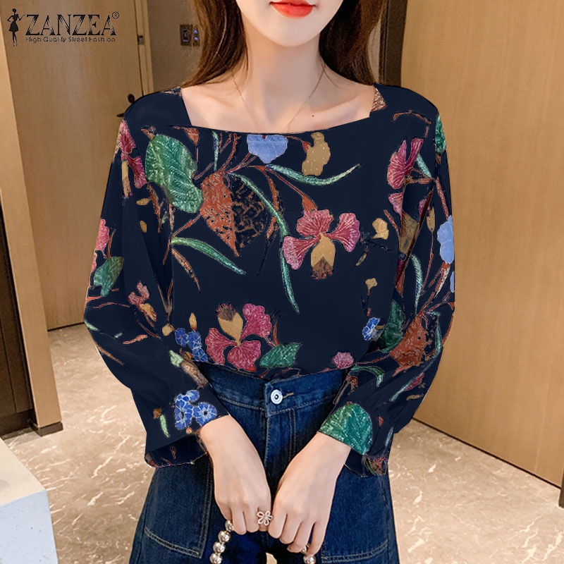 ZANZEA Áo Sơ Mi Tay Lửng Cổ Vuông In Họa Tiết Thời Trang Hàn Quốc Cho Nữ