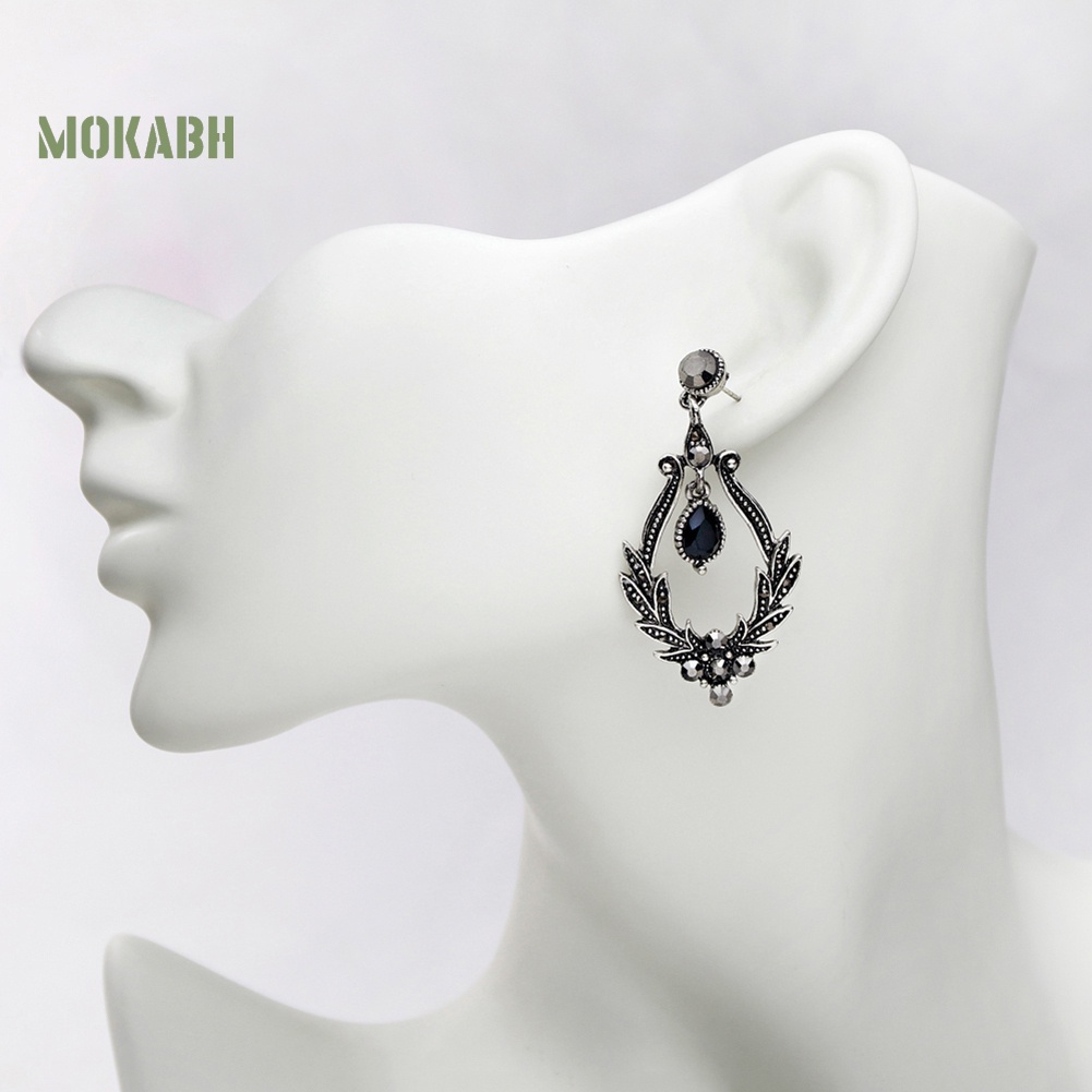 Bông Tai Hình Chiếc Lá Đính Đá Giả Màu Đen Phong Cách Cổ Điển Thời Trang Cho Nữ