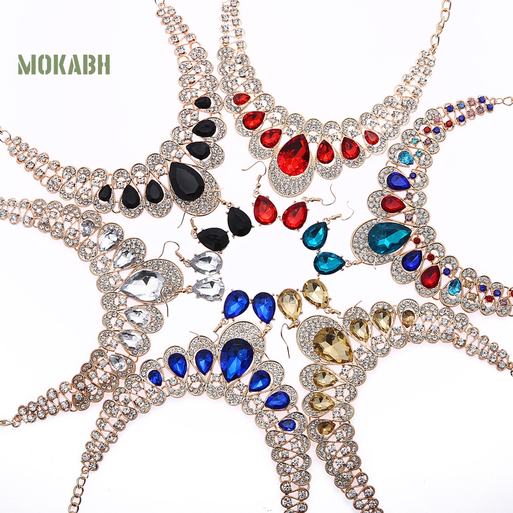 Set 2 Vòng cổ + Bông Tai Đính Đá Hình Giọt Nước