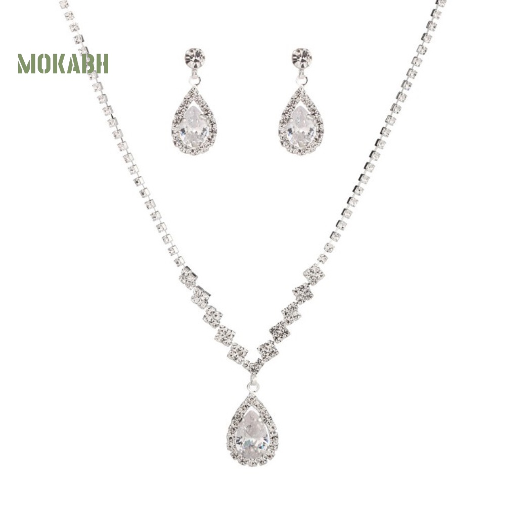 Bộ Vòng cổ + Bông Tai Đính Đá Hình Giọt Nước Sang Trọng Cho Nữ