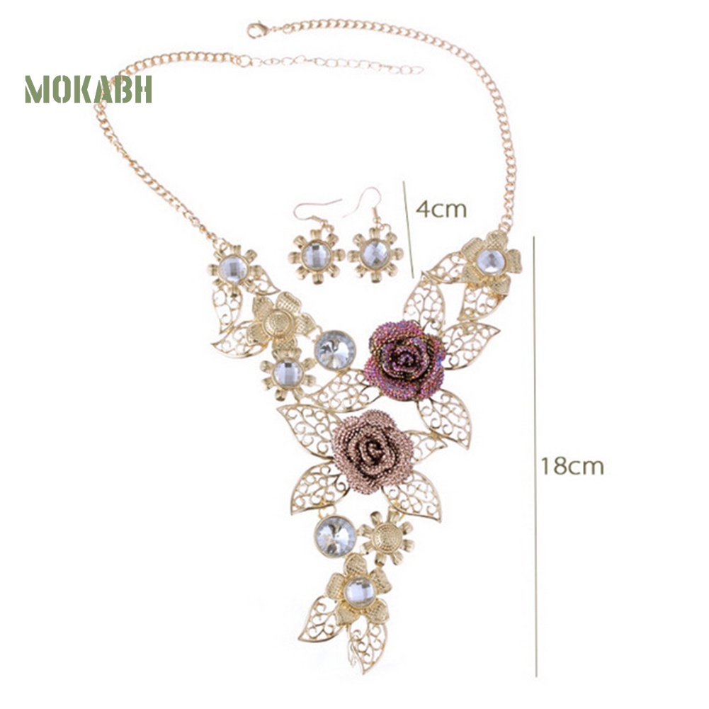Bộ Vòng cổ + Bông Tai Đính Đá Hình Hoa Lá Rỗng Thời Trang Cho Nữ