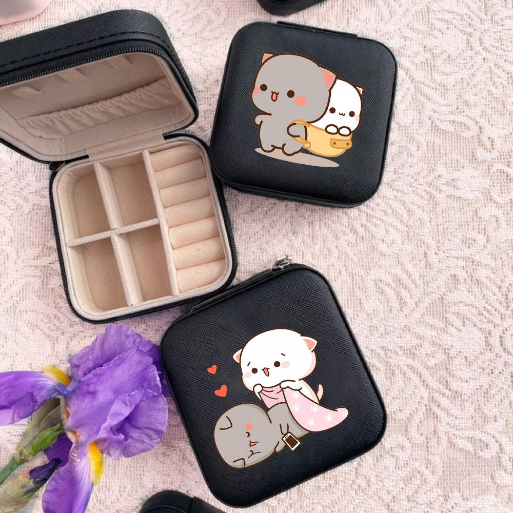 Hộp Đựng Trang Sức Du Lịch Màu Đen In Họa Tiết Mèo Goma Hoạt Hình Dễ Thương