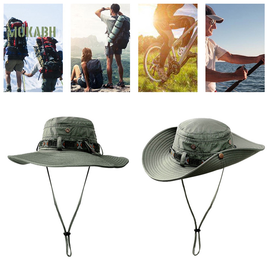 [Mok Abh] Mũ Cao Bồi Rộng Vành Chống Tia UV Viền Xoăn Màu Trơn Có Dây Có Thể Điều Chỉnh Được Phong Cách Vintage Cho Nam
