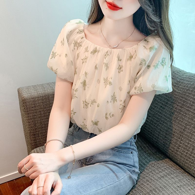 Áo mùa hè Áo sơ mi voan mẫu mới tay ngắn tay bồng khí chất Hoa Nhí Nữ phong cách Tây