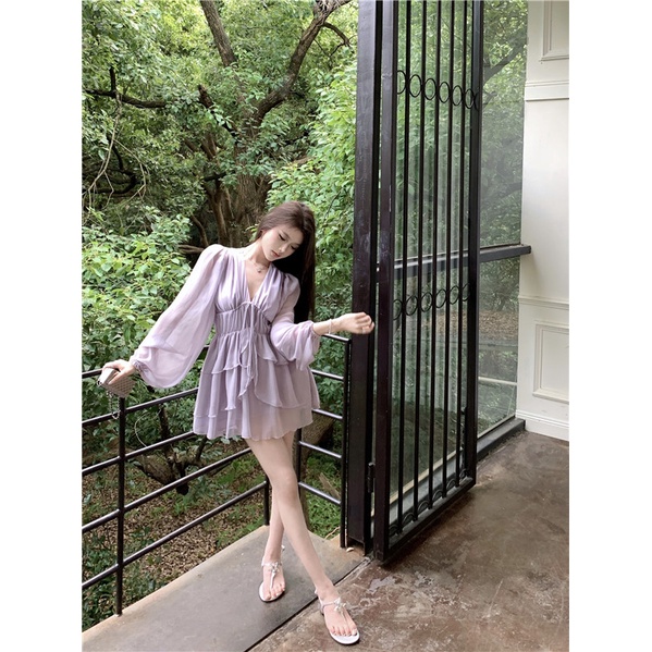 Đầm Midi Midi Màu Tím Khói Phong Cách Hoàng Gia Mùa Hè PEIX Cho Nữ