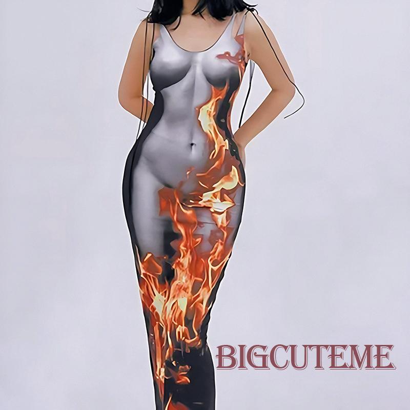 [] Đầm Dài Dáng Ôm Không Tay In Họa Tiết Ngọn Lửa Thời Trang Mùa Hè Ôm Dáng Cho Nữ