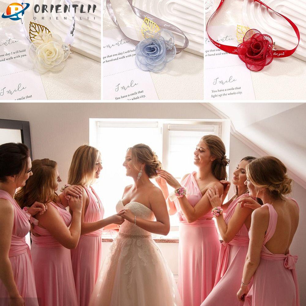 Bộ 2 Vòng Hoa Đeo Tay Cho Cô Dâu Trong Tiệc CướiVải Satin In Hoa Thắt Dây Xinh Xắn